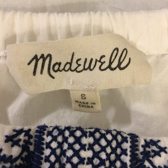 MADEWELL White Blue Cotton Off Shoulder Peasant Embroidered Blouse Top Small - Picture 8 of 10
